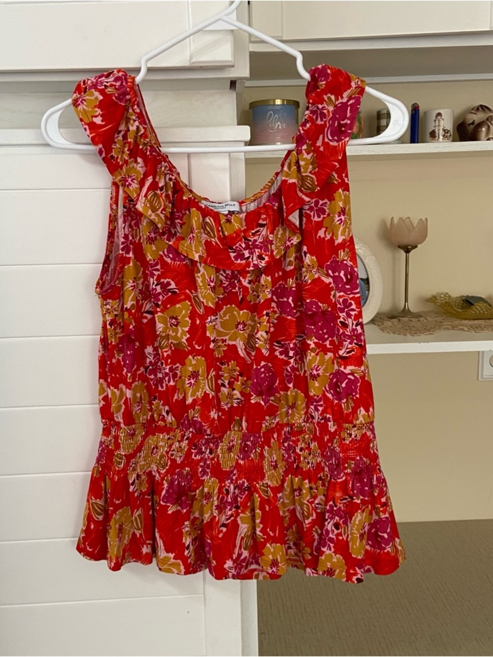 Red Floral Sleeveless Top with ruffle trim